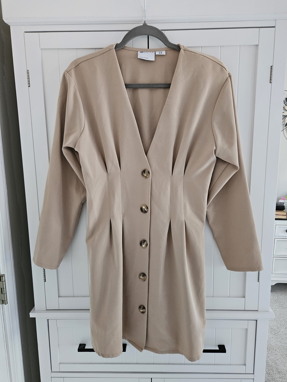 Asos Design Beige Button-Front V-Neck Dress